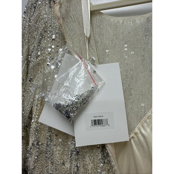 Mac Duggal Size 8 5923 Nude Silver Long Sleeve Embellished Cocktail Dress $498 - Picture 9 of 16